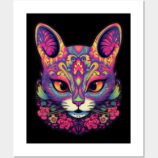 Tropical Sunrise Sugar Skull Cat Posters and Art